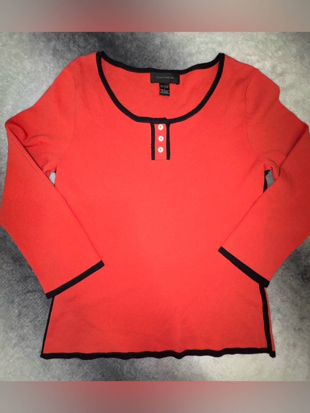 (A6) Pointelle Red Coral Knit Top Office - Size M - Textured Black Trim Career